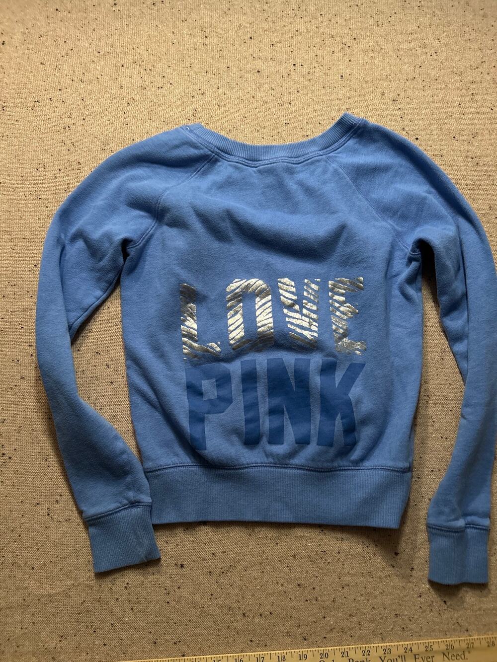 Y2K Pink Victoria's Secret Blue Sweatshirt Zebra Print Spell Out Love XS